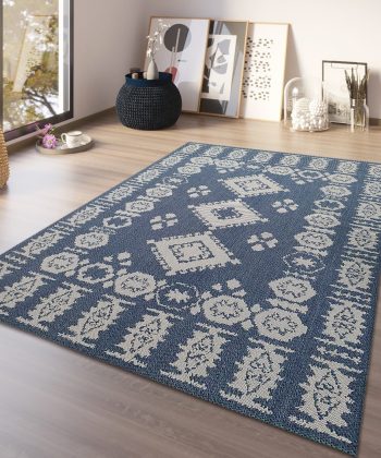 Cotton Rug Navy Blue Grey Moroccan Diamond