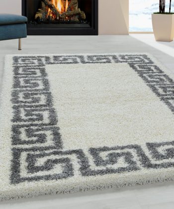 White Cream Fluffy Shaggy Rug Greek Key