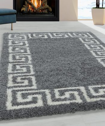 Grey Fluffy Shaggy Rug Grey Greek Key