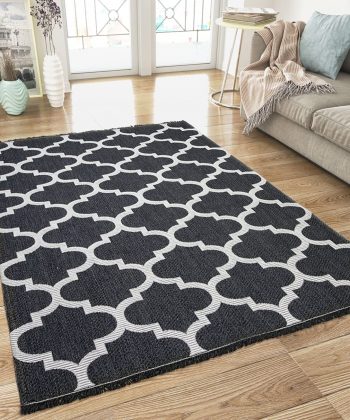 Cotton Rugs Black Trellis Pattern with Tassels