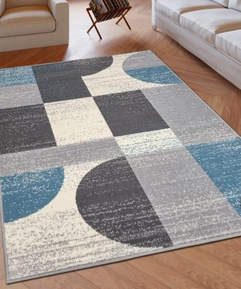 Geometric Rug Grey Blue Circles Modern Soft Carpet