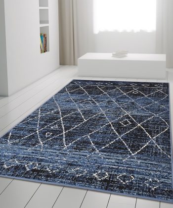 Geometric Blue Black Rug Diamond Aztec Pattern