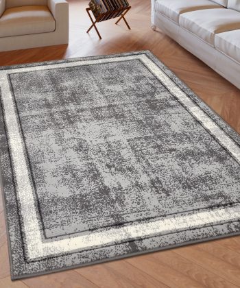 Grey Geometric Rug Bordered Pattern Soft Carpet