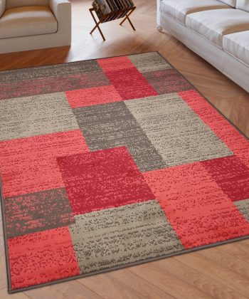 Modern Rug Geometric Brown Red Patterned Soft Carpet