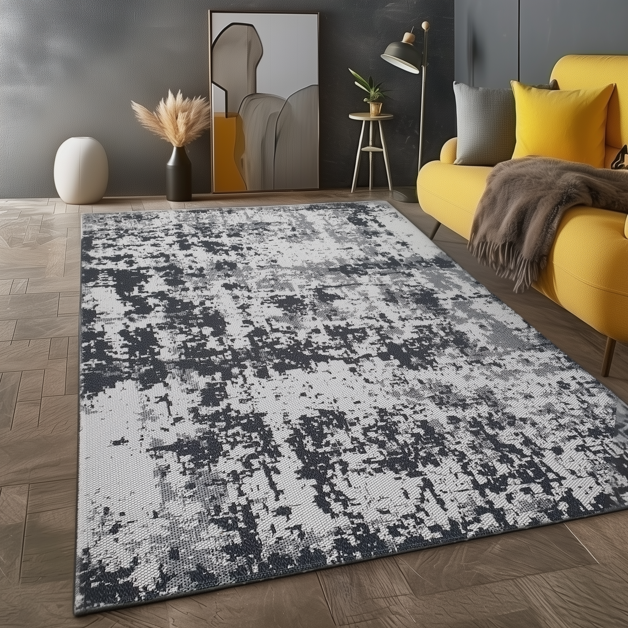 Cotton Rug Abstract Black Grey Natural
