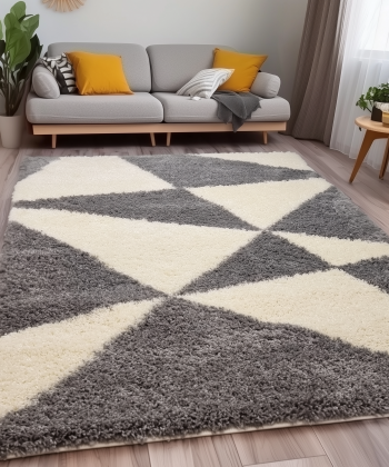 Geometric Shaggy Grey Cream Fluffy Rug