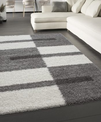 Grey White Cream Fluffy Shaggy Rug Geometric