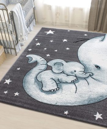 Grey Blue Kids Elephant Nursery Rug