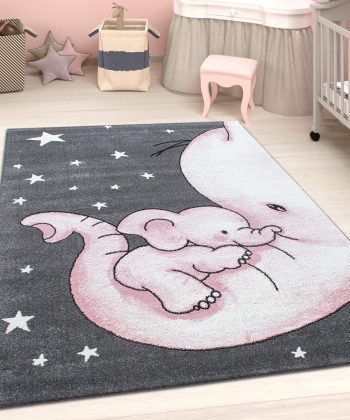 Grey Pink Kids Elephant Nursery Rug