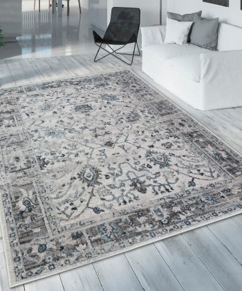 Grey Cream Blue Distressed Vintage Oriental Rug Carpet