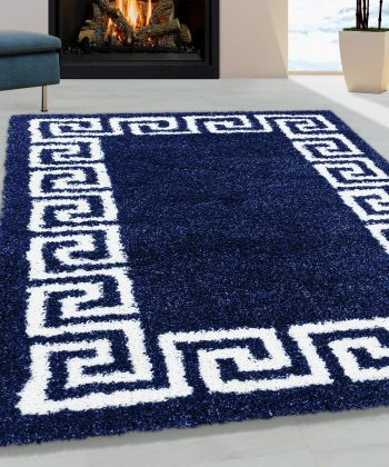 Navy Blue Fluffy Shaggy Rug Greek Key