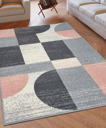 Geometric Rug Grey Pink Circles Modern Soft Carpet