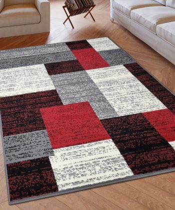 Modern Rug Geometric Red Grey Black Patterned Soft Carpet