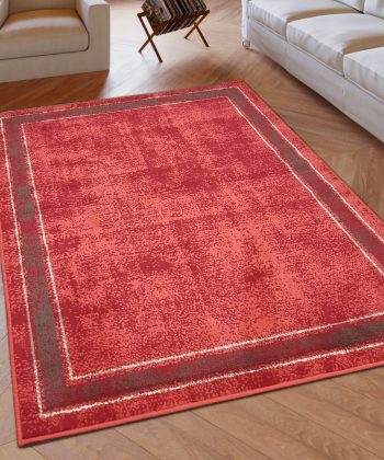 Red Geometric Rug Bordered Pattern Soft Carpet