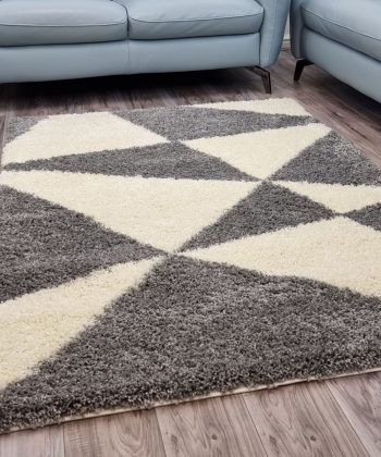 Grey Cream Fluffy Shaggy Rug Geometric