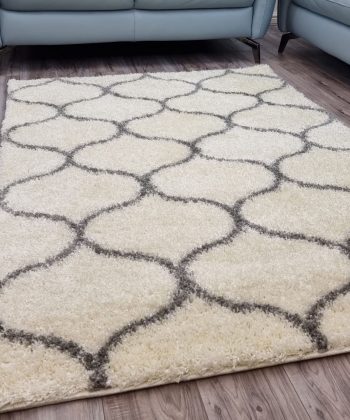 Cream and Grey Fluffy Shaggy Rug Trellis Pattern