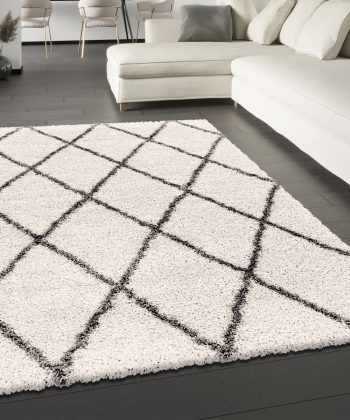 Cream Fluffy Shaggy Rug Diamond Geometric