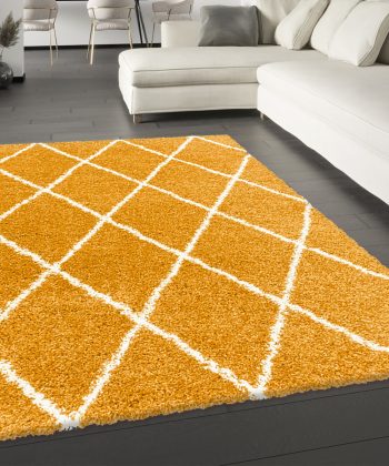 Mustard Fluffy Shaggy Rug Diamond Geometric