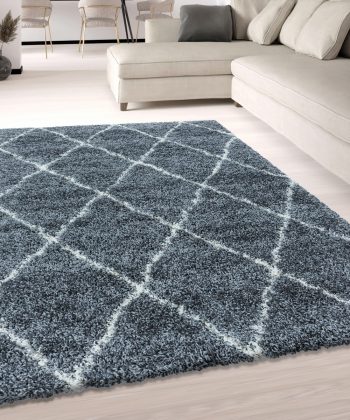 Grey Fluffy Shaggy Rug Diamond Geometric