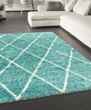 Teal Light Blue Fluffy Shaggy Rug Diamond Geometric