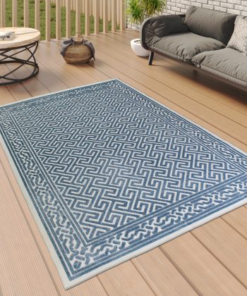 Outdoor Rug Teal Blue Cream Greek Key