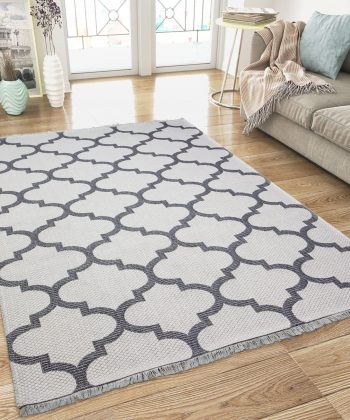 Cotton Rug Cream Grey Trellis Pattern with Tassels