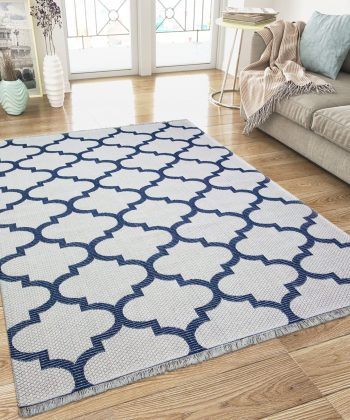 Cotton Rug Cream Navy Blue Trellis Pattern with Tassels