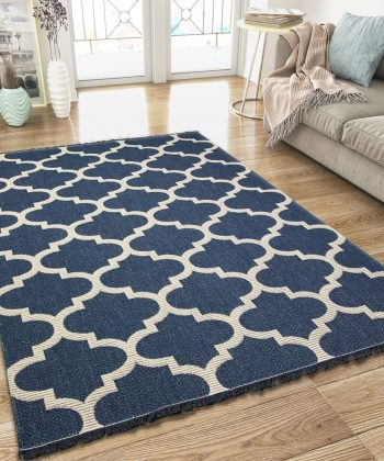 Cotton Rugs Navy Blue Trellis Pattern with Tassels
