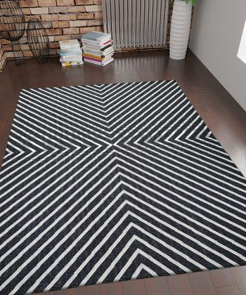 Cotton Rug Black Cream Geometric
