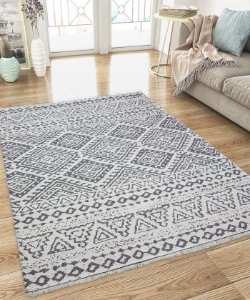 Cotton Rug Cream Aztec Grey Pattern with Tassels
