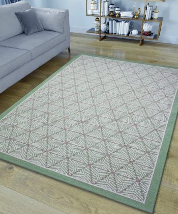Cotton Rug Green Beige Geometric Pattern