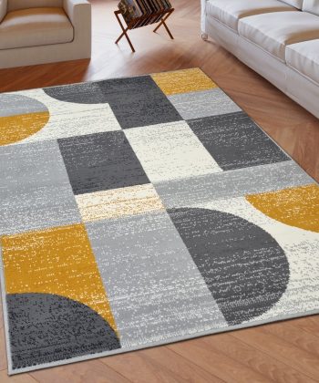 Geometric Rug Cream Grey Mustard Circles Modern Soft Carpet