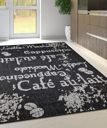 Black Rug Non-Slip Flat Weave Coffee Pattern Kitchen Living Room Carpet