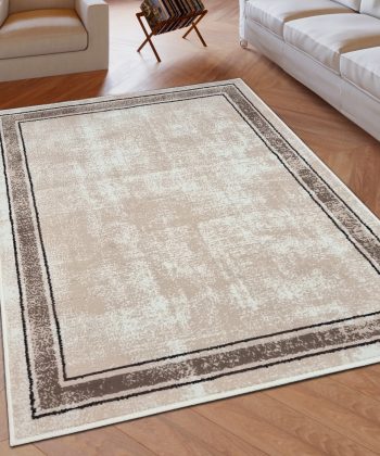 Cream Geometric Rug Bordered Pattern Soft Carpet