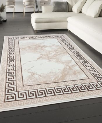 Cream Border Marble Effect Rug Large Soft Oriental Carpet