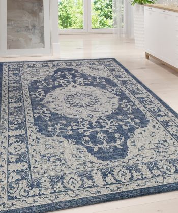 Cotton Rug Navy Grey Oriental