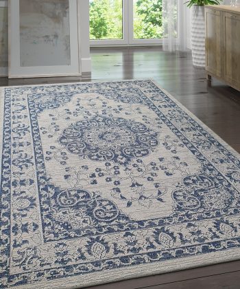 Cotton Rug Grey Navy Blue Oriental