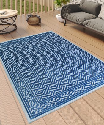 Outdoor Rug Navy Blue and Light Blue Greek Key