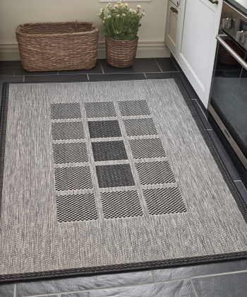 Non-Slip Grey Black Rug Border Geometric Flat Weave Kitchen Living Room