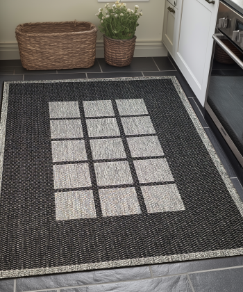 Non-Slip Black Grey Rug Border Geometric Flat Weave Kitchen Living Room