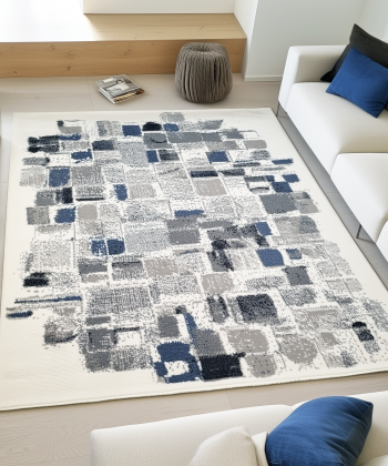Abstract Modern Paint Pattern Rug Cream Grey Blue Black